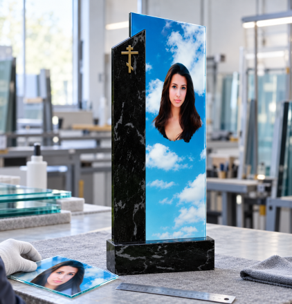 Как проходит изготовление памятника из стекла с цветной фотографией?